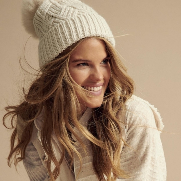 Free People Pinnacle Pom Beanie Hat Ivory Off White Pistachio Shell Wool Cream - Picture 2 of 4
